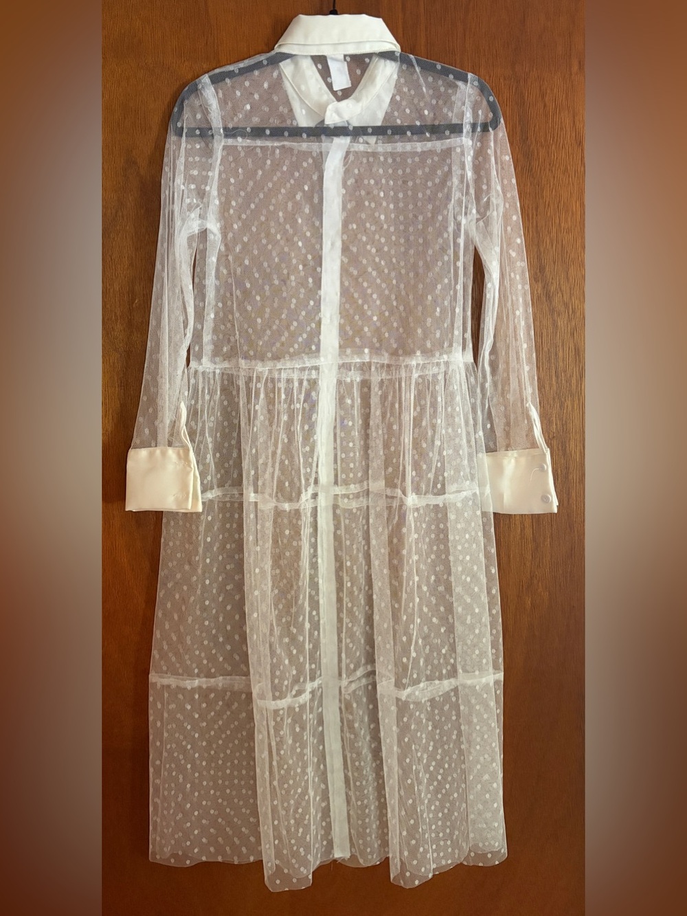 Sheer White Polka Dot Tiered Women’s Dress with Satin Cuffs